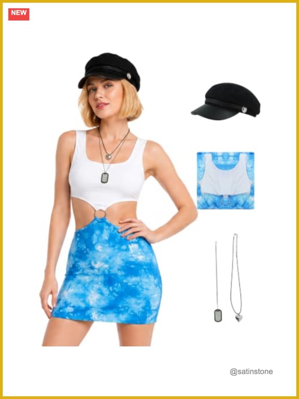 Pretty Lady Costume Crop Top Mini Skirt Red Jacket Necklace Beret Hat 90s